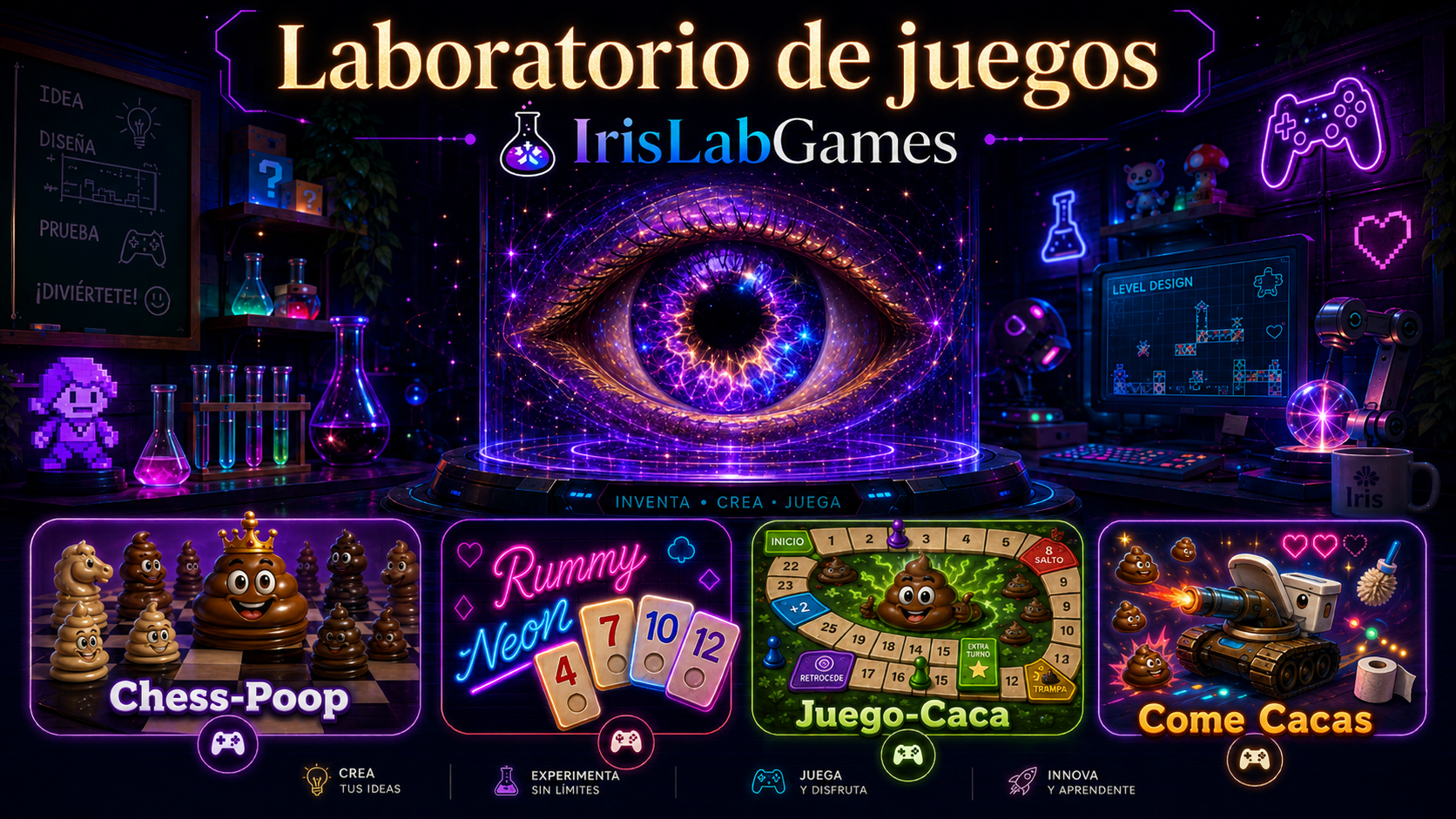 IrisLabGames, laboratorio de juegos con accesos a Chess-Poop, Rummy Neon, Juego-Caca y Come Cacas